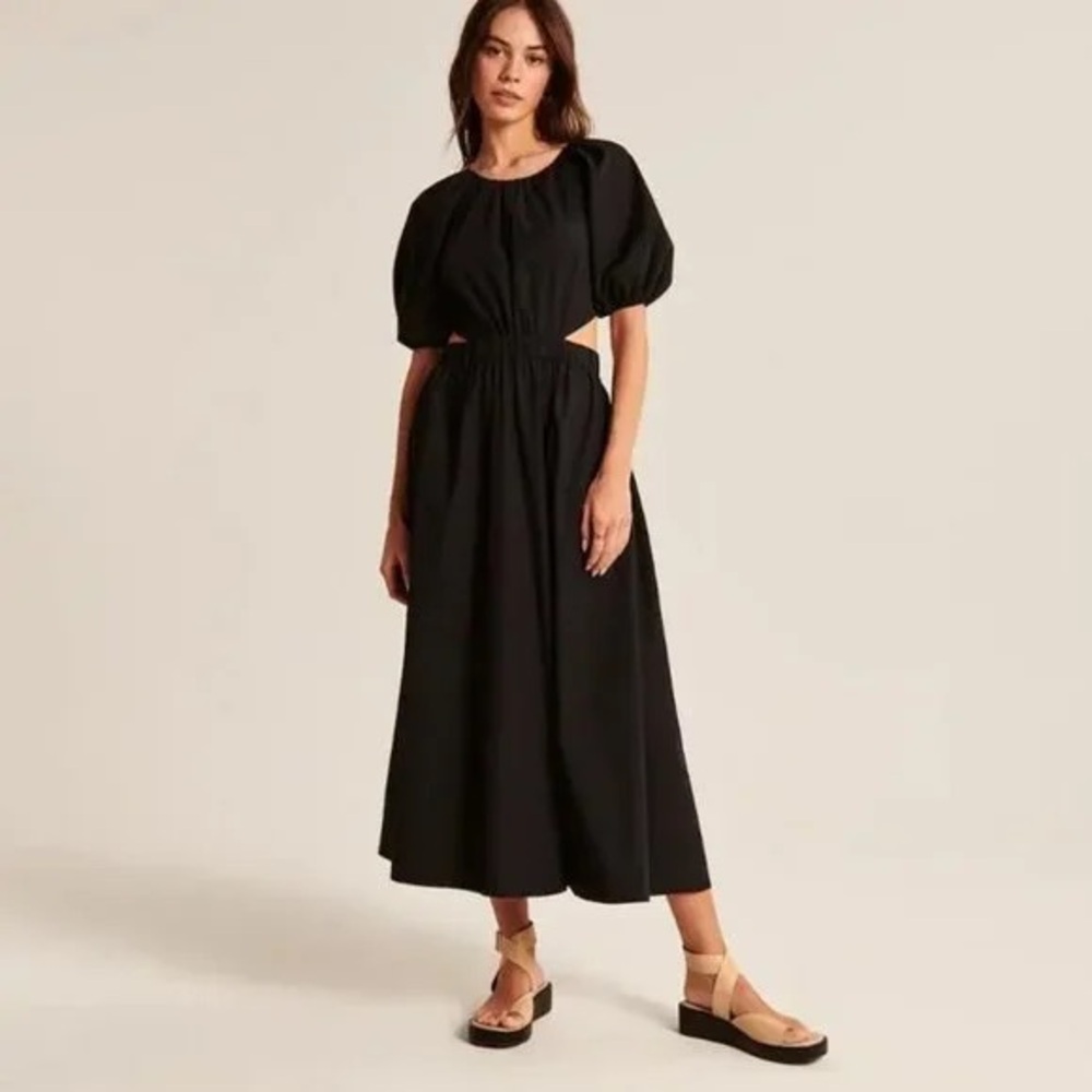 Abercrombie & Fitch Black Midi Dress with Puff Sleeve and Open Back